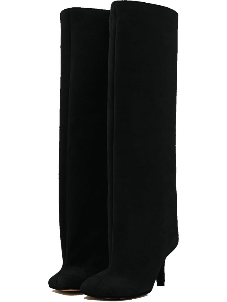 Women's Black Comfortable Pull On Stiletto Heels Square Toe Long Booties